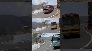 KSRTC red bus tanker truck and TNSTC green buses in a blind Uturn ghat road