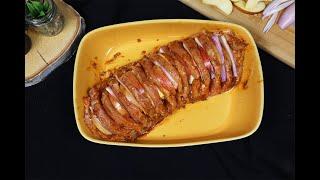 Very juicy pork. Meat  baked in the oven, at home, the best recipe