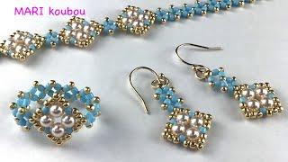 ②パールと丸小ビーズのピアスとリング/Earrings and ring with pearls and seed beads