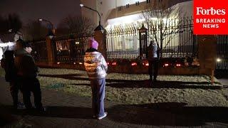 People In Minsk, Belarus, Gather In Front Of Russian Embassy To Mourn Victims Of Moscow Shooting