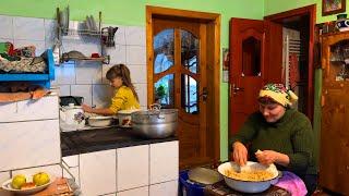 Rural Life: Grandma Sewing on an Antique Machine and Cooking Delicious Traditional Meals