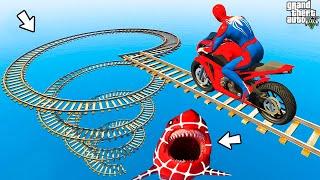 الأبطال الخارقين على القضبان دوامة قمع جسر - SPIDER-MAN on Motorcycle in Spiral Bridge Stunt Ride!!*