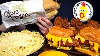 ASMR MUKBANG DAVES HOT CHICKEN BURGERS & FRIES & CREAMY ALFREDO PASTA + BREADSTICKS | WITH CHEESE