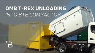 Unloading from waste collection vehicle into a single-bladed compactor with fixed conveyor