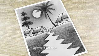 Night Landscape Drawing with Pencil, Moonlight Scenery Drawing for Beginners