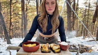 Crispy Pineapple Fish cooked on campfire in Snow solo in the woods. ASMR cooking no talking. Yummy