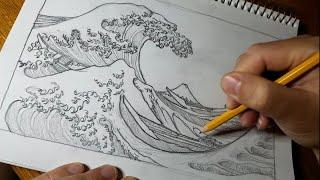 3 Hour Pencil Drawing: Hokusai's "The Great Wave Off Kanagawa" | ASMR, No Talking, Free-hand