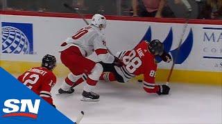 Patrick Kane And Jonathan Toews Go After Sebastian Aho For Hit From Behind At Conclusion Of Game