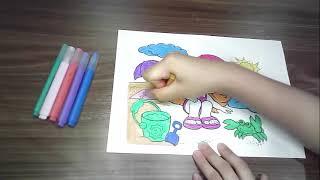 Instruções para colorir menina e caranguejo no mar parte 2