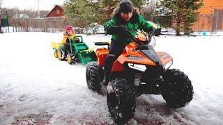 Funny Brothers Lev and Gleb help dad and ride on Power Wheel Tractor Excavator Stuck in the snow