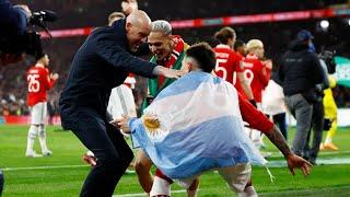 Erik ten Hag Dancing with Lisandro Martinez & Antony After Manchester United won the Carabao Cup