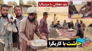 یک چاشت با مردیکارا سر زمین شالی کنار هم بهترین پلو دهقانی خوردیم || دهکده ما Our Village