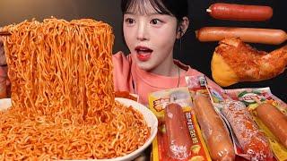 Spicy Buldak Ramyeon, Cheese Sausage, Chicken Mukbang ASMR