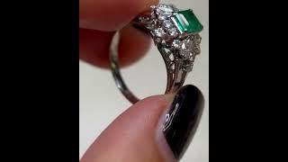  Vintage Art Deco Colombian Emerald Diamond Ring  Certified PT850