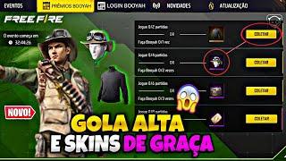 É AMANHÃ!! PEGUE OS PRÊMIOS GRÁTIS, MELHOR EVENTO, AVENTUREIRO? GOLA ALTA PRETA, NOVIDADES FREE FIRE