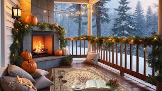 Cozy Winter Porch with Crackling Fireplace & Relaxing Snowfall Ambience ️