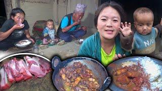 Local Pork Recipe with Rice in Nepali Rural Village kitchen आज घरमा सुङ्गुर को मासु सँग ढिडो र भात