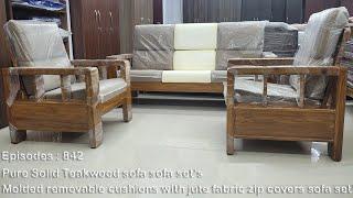 Teakwood sofa set | wood sofa | molded pu foam cushion | wooden sofa set | 842 | sri maari furniture