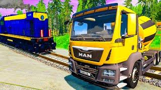 Yellow Concrete Mixer Stuck On Railway Tracks | Car Rescue On Railway Tracks | BeamNG.Drive Video