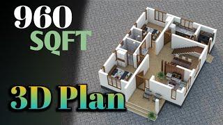 House 3D plan | 960 sqft home | രണ്ട് ബെഡ് റൂം വീട് | Haneed Anugrahas