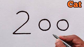 How do draw cat from number 200 | easy cat drawing tutorial | cat drawing video | cat