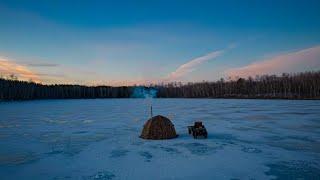 Hot Tent Camping On A Remote Lake With My Dog - Ice Fishing Catch and Cook