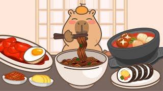 Capybara mukbang animation / ASMR / Jajangmyeon, tteokbokki, kimbap, spicy soup / Capy Capy