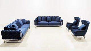 Modern Blue Velvet Tufted Sofa Set