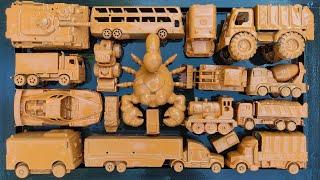 cleans toys, army tank, Scorpions, school bus, mixer truck, bulldozer