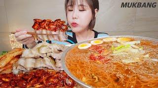 SUB) 촉촉한 대파수육 묵은지 & 세숫대야 점보물냉면 Ft.쌀게무침먹방 Boiled Pork Kimchi Cold Noodles REAL SOUND ASMR MUKBANG