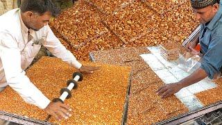 PEANUT CHIKKI MAKING SKILLS! Amazing Street Food Jaggery Bar Food Processing | Live Moongfali Recipe