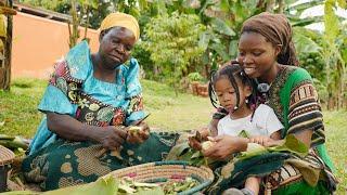 a rainy day in African village life with 8 kids  *cooking luwombo, banana juice, Gnut sauce*