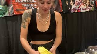 Jenna Kanell opening my gift for her at Silver Scream Con in Danvers, MA on 9/9/2023