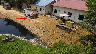 Ability Really Great! Technique Building Road By Operator Skills Bulldozer, Truck Pushing Stone