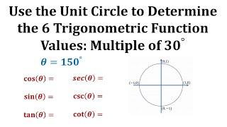 Determine 6 Trig Function Values Using the Unit Circle: 150 Degrees (Mult of 30)