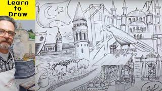 Imagination Drawing. How to draw famous istanbul landmarks in pen with original music