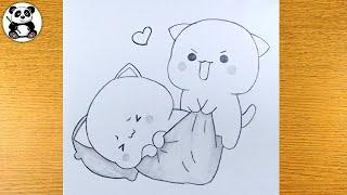 Two cute cat couple pencil drawing | cute art | easy arts | drawing for kids