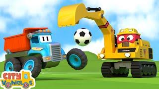 Construction vehicles build wind turbines-crane truck, Excavator, dump truck and tractor for Kids.