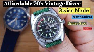 Affordable 70's Vintage Dive Watch Swiss Made 39mm Under $100 Mechanical!!!