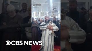 Cat jumps on Sheikh Walid Mehsas during prayers at mosque in Algeria #shorts 
