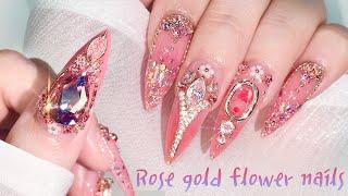 Rose gold flower nails Nail extension and gradation art / ASMR
