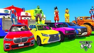 SPIDERMAN CARS Racing Challenge on FREE FALL Rampa ! SUPERHERO HULK IronMan Goku JEEP SUV - GTA 5