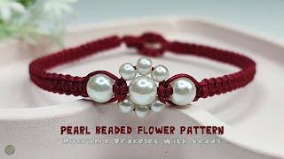 DIY Macrame Bracelet With beads | Pearl Beaded Flower Pattern Bracelet | Macrame Bracelet Tutorial