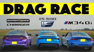 Bloodbath Showdown: BMW M340i vs. Lexus IS500 vs. Dodge Charger SuperBee Widebody – Drag & Roll Race