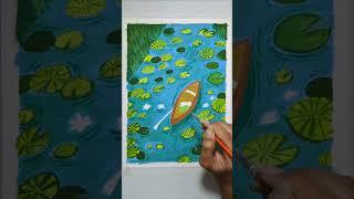 Serene River Painting | Tranquil Greenery, Flowers & Boat | Relaxing Blue & Green Art ‍️ #shorts