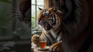 Tiger roars — cat unmoved, sipping tea like a boss 