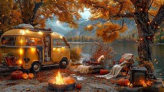 Soft Jazz Guitar Music  Autumn Lakeside Ambience ~ Warm Jazz Music & Falling Autumn Leaves