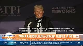 Trump, primul discurs public după câștigarea alegerilor: „Războiul Rusia-Ucraina trebuie oprit”