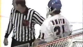 Billy Smith highsticks Lindy Ruff in the eye