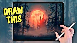 PROCREATE Spooky Blood Moon landscape DRAWING Tutorial in EASY steps